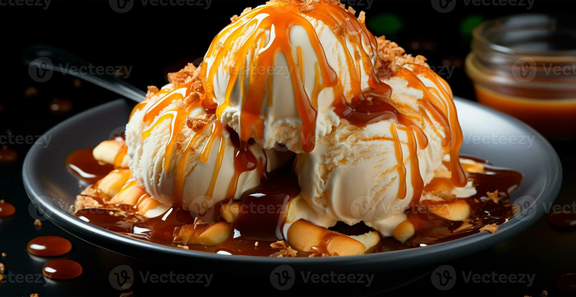 Ice cream in a plate, liquid sweet caramel, honey - AI generated image photo