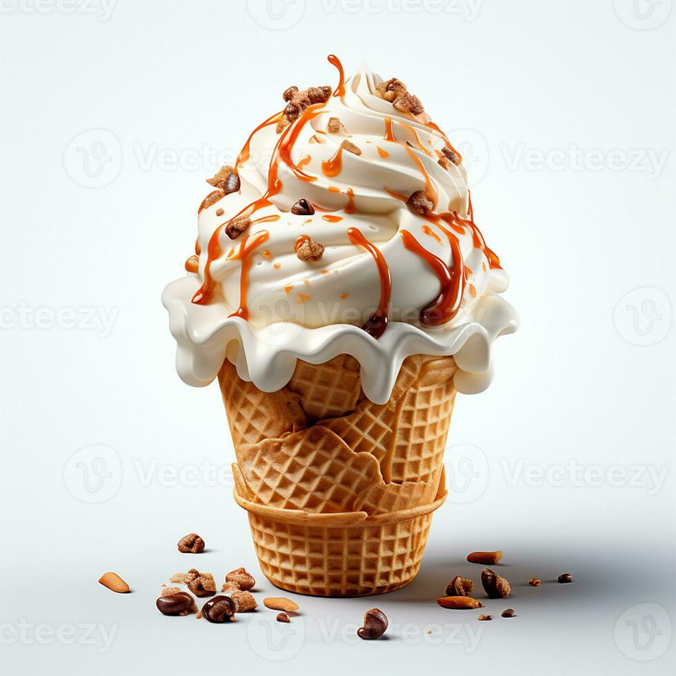 Ice cream in a waffle cup with topping, caramel and chocolate sprinkles - AI generated image photo