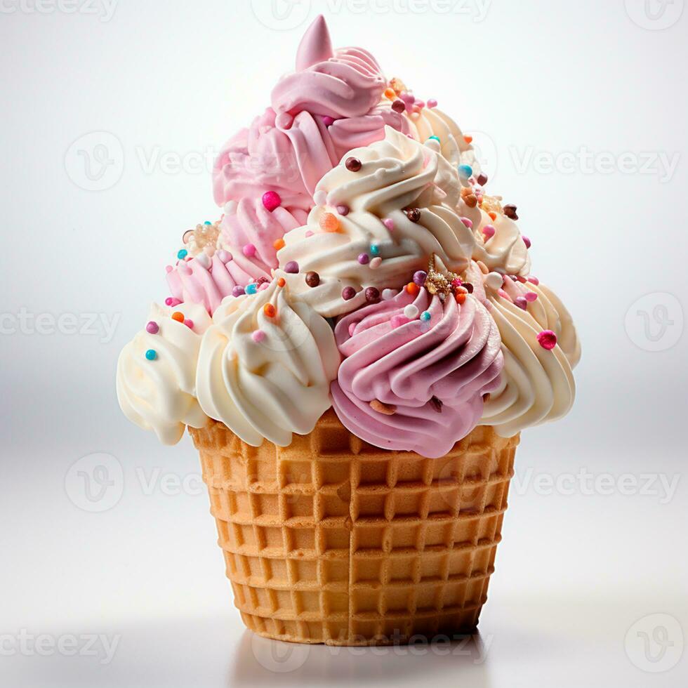 Ice cream in a waffle cup with topping, caramel and chocolate sprinkles - AI generated image photo