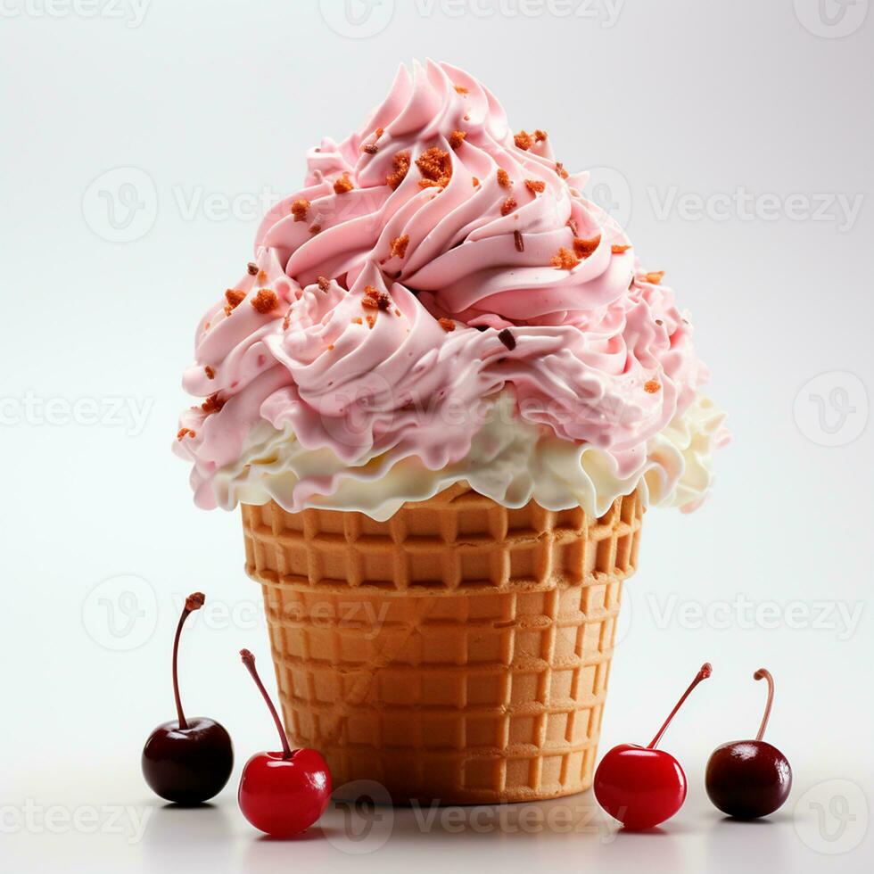 Ice cream in a waffle cup with topping, caramel and chocolate sprinkles - AI generated image photo