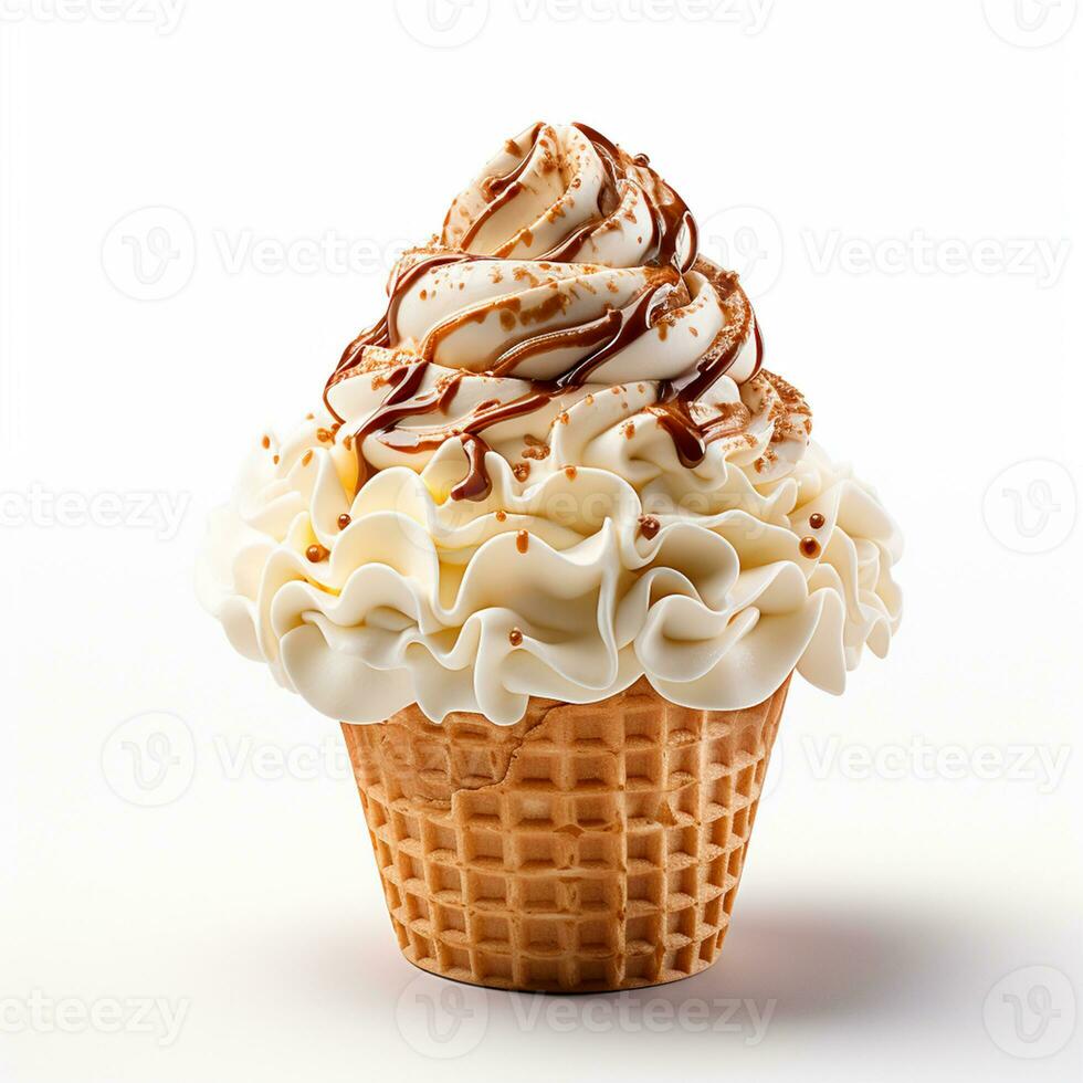 Ice cream in a waffle cup with topping, caramel and chocolate sprinkles - AI generated image photo