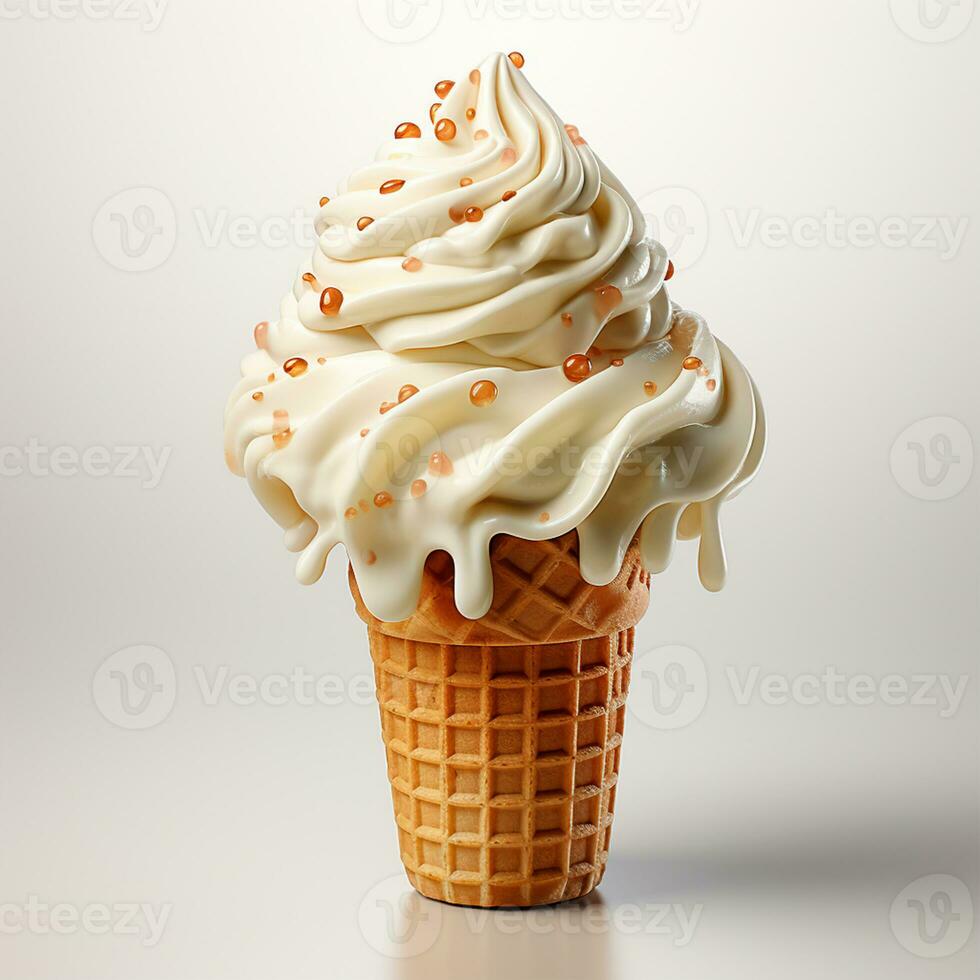 Ice cream in a waffle cup with topping, caramel and chocolate sprinkles - AI generated image photo