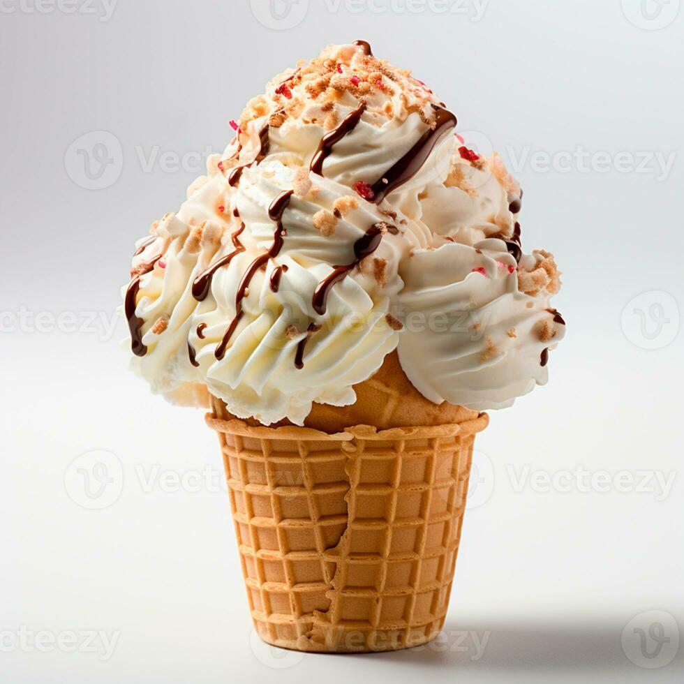 Ice cream in a waffle cup with topping, caramel and chocolate sprinkles - AI generated image photo