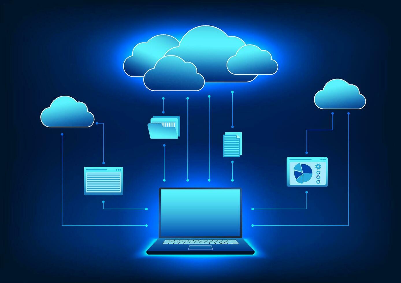 Cloud technology Computers that transfer data to be stored in the cloud It means transferring data storage files through the cloud system. It is a system for storing secure information. vector