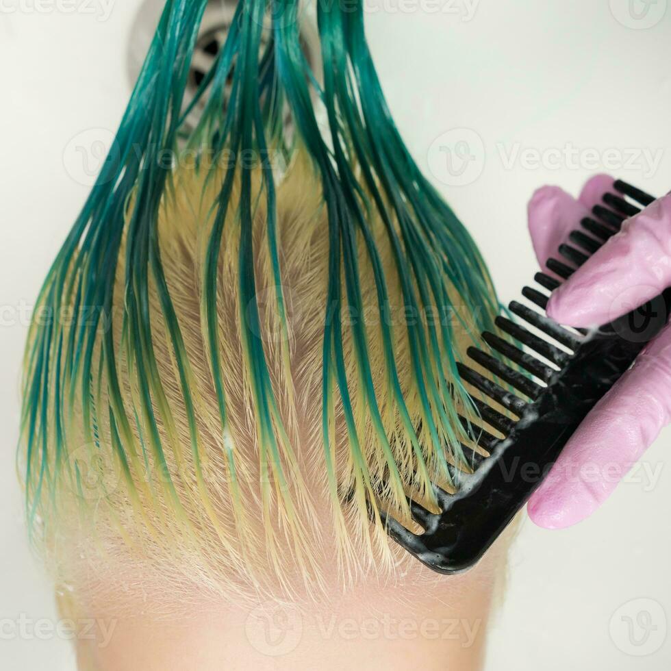 High-angle shot of hairstylist combing wet green and discolored hair while shampooing photo