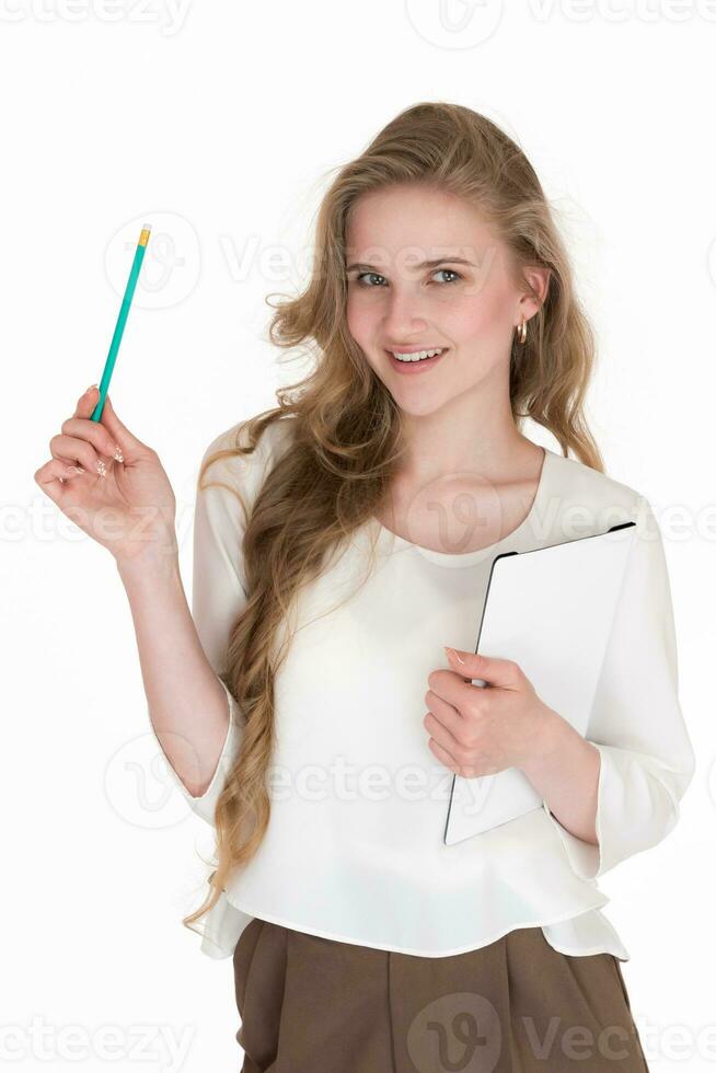 Portrait woman secretary smiling and looking at camera, holding clipboard with documents and pencil photo