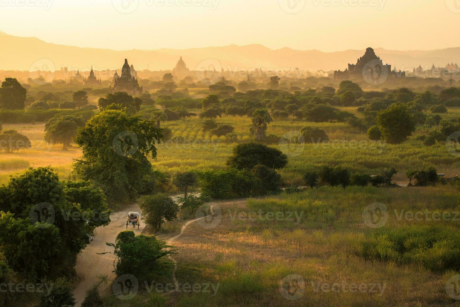 The beautiful landscape of Bagan plains the land of thousand pagoda in Bagan the first kingdom of Myanmar during sunset. photo