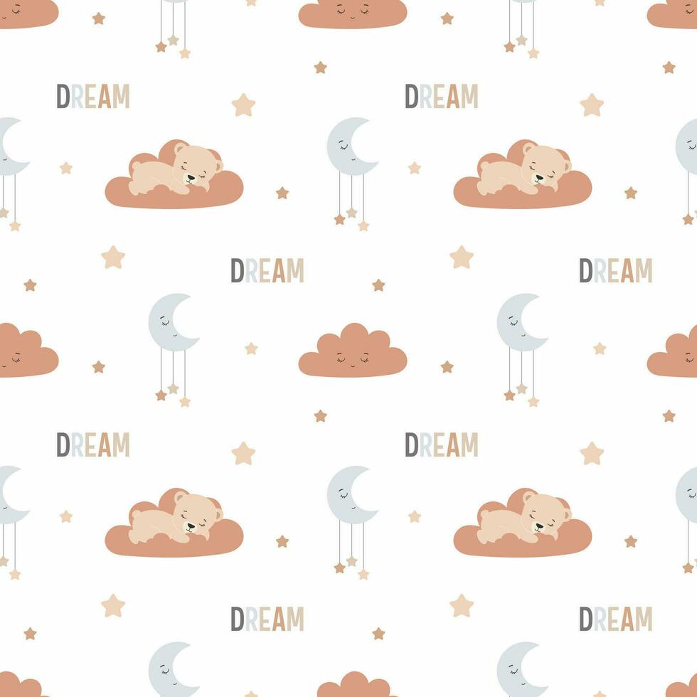Vector seamless pattern with moon, stars and cute teddy bear sleeping on the cloud.