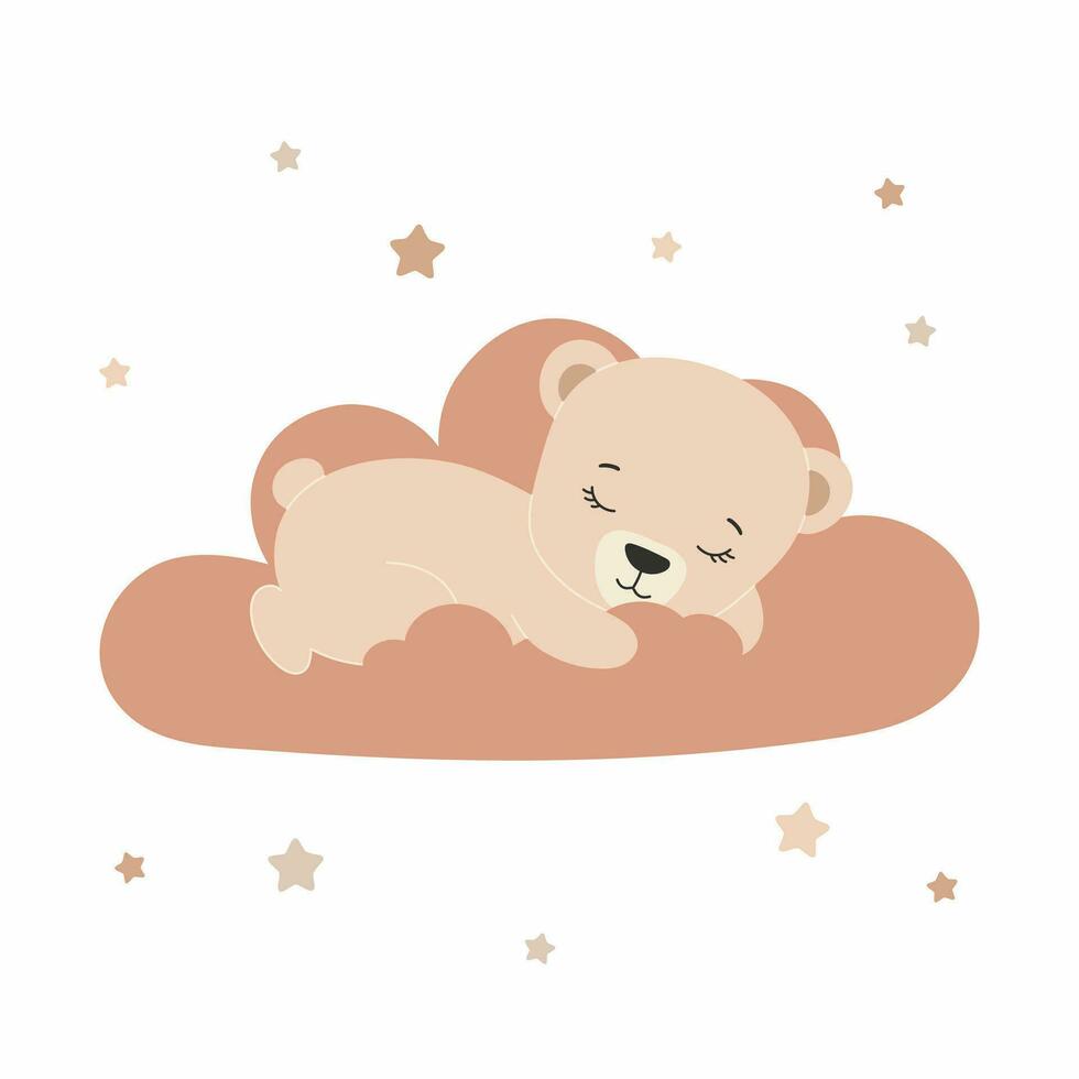 linda osito de peluche oso dormido en el nube. vector