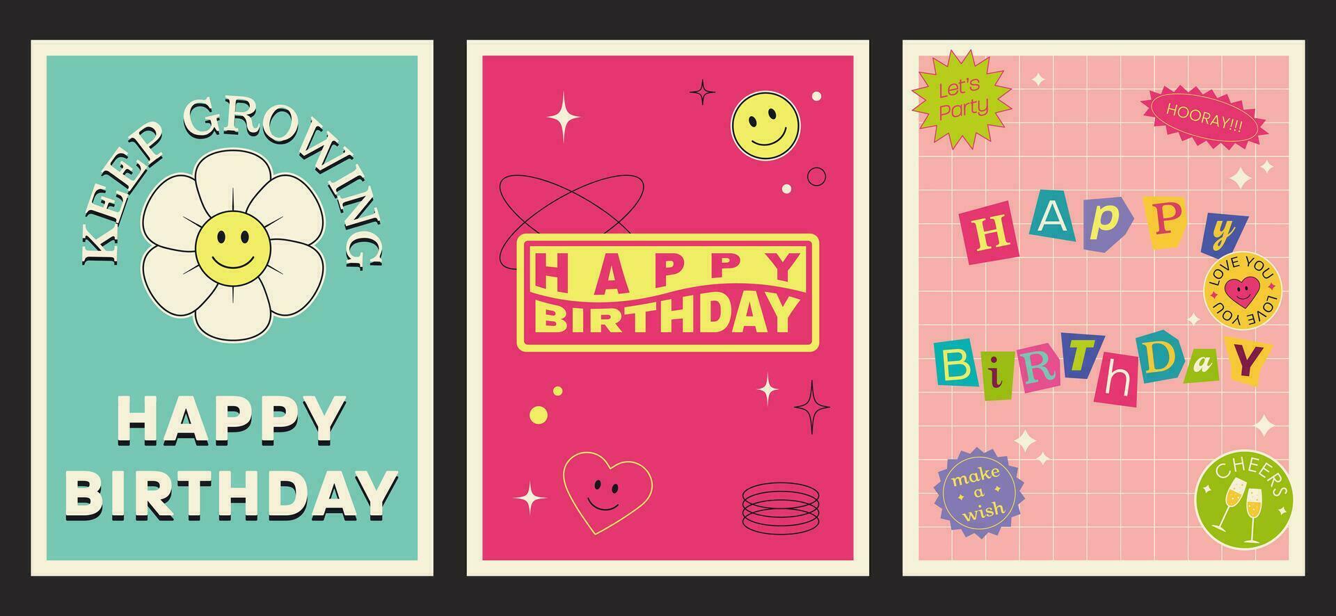 Happy Birthday retro trendy greeting card set. Y2K poster, card, banner. vector