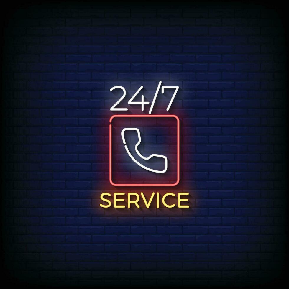 Neon Sign 24 hours service with brick wall background vector