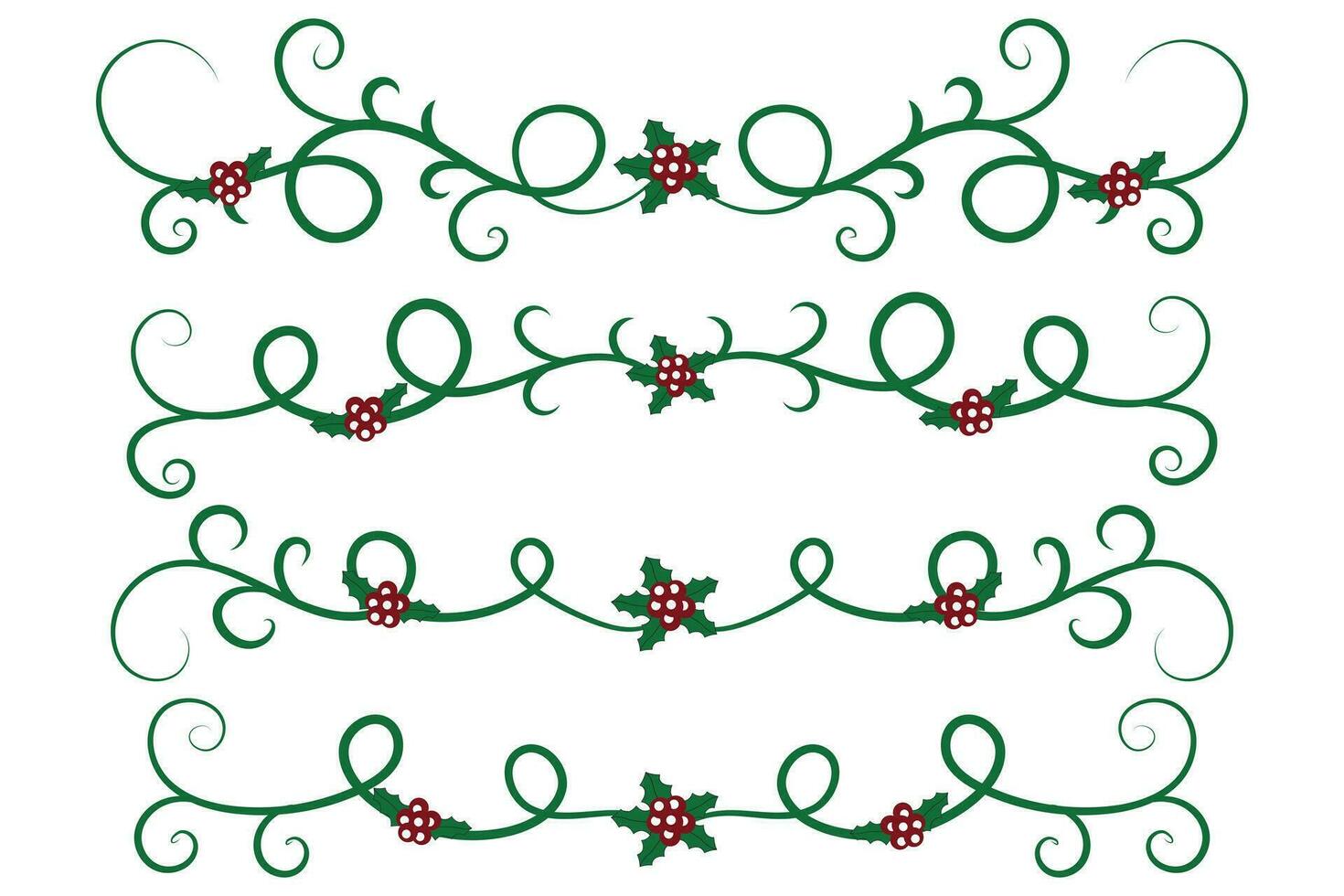 Christmas Flourishes Swirls dividers lines Decorative Elements, Vintage Calligraphy Scroll Merry Christmas text divider filigree elegant, Winter Holly headers fancy separator green page decor vector