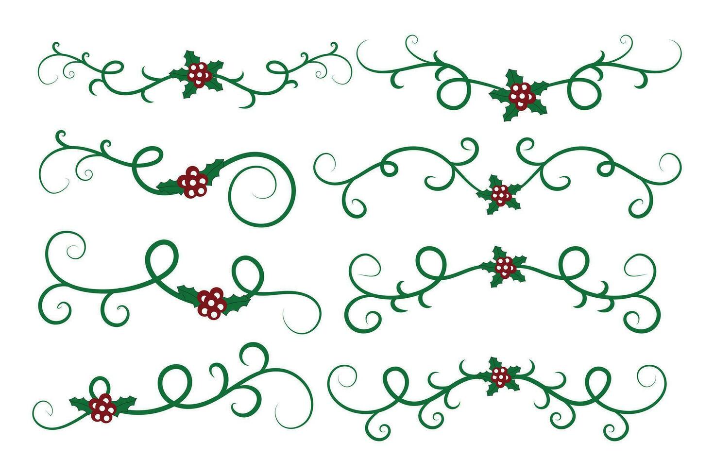 Christmas Flourishes Swirls dividers lines Decorative Elements, Vintage Calligraphy Scroll Merry Christmas text divider filigree elegant, Winter Holly headers fancy separator green page decor vector