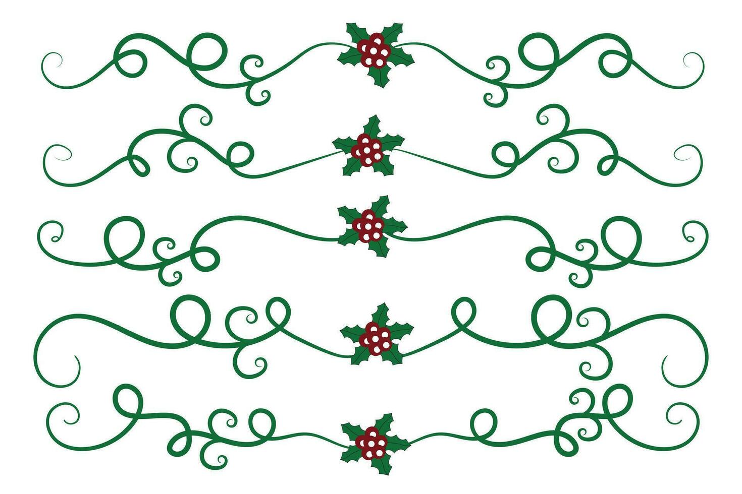 Christmas Flourishes Swirls dividers lines Decorative Elements, Vintage Calligraphy Scroll Merry Christmas text divider filigree elegant, Winter Holly headers fancy separator green page decor vector
