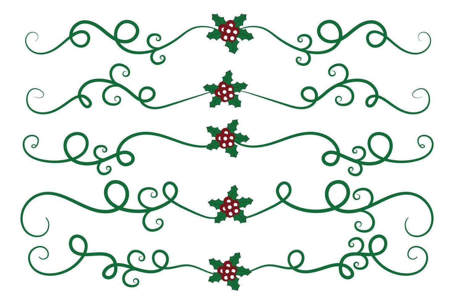 Christmas Flourishes Swirls dividers lines Decorative Elements, Vintage Calligraphy Scroll Merry Christmas text divider filigree elegant, Winter Holly headers fancy separator green page decor vector