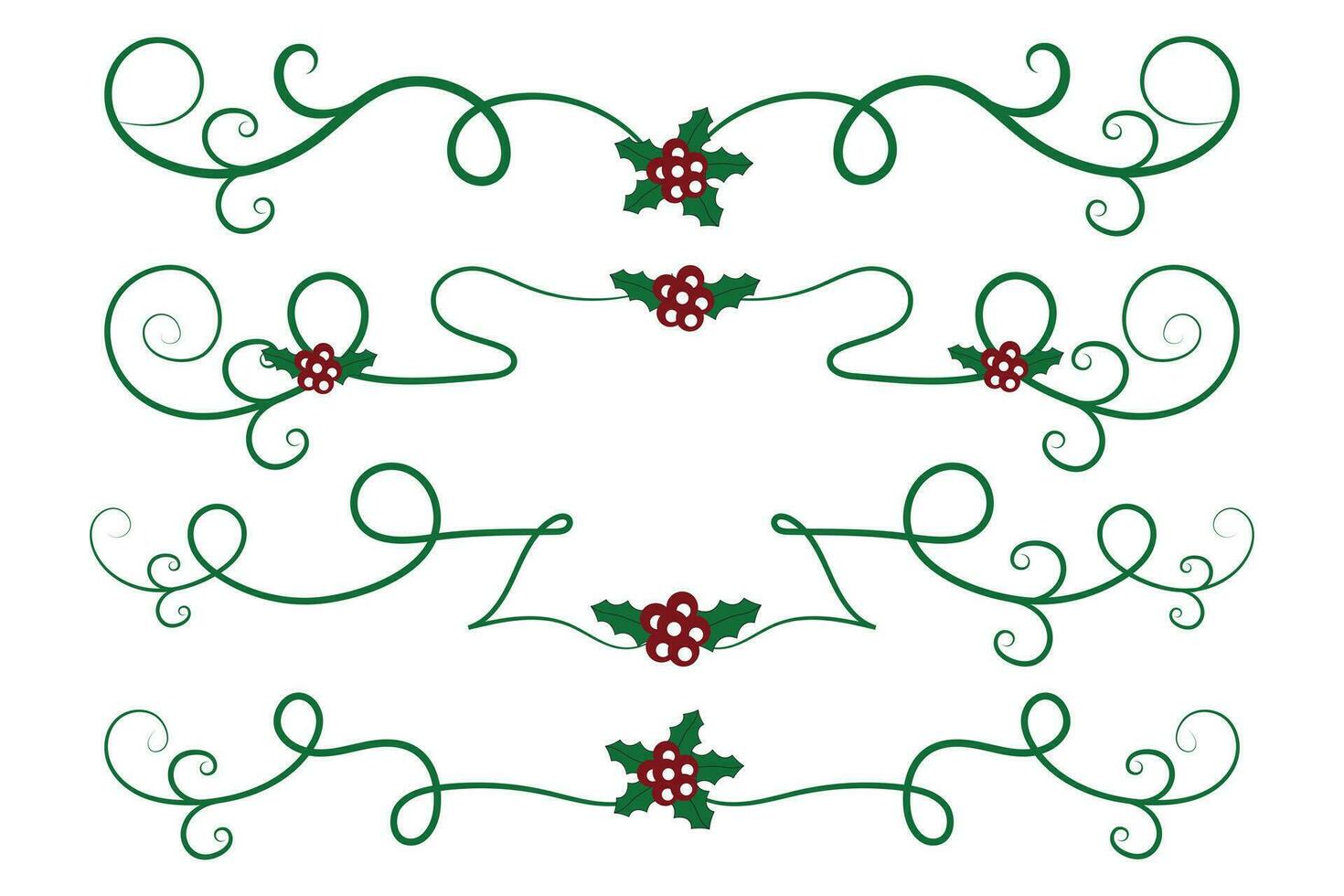 Navidad florece remolinos divisores líneas decorativo elementos, Clásico caligrafía Desplazarse alegre Navidad texto divisor filigrana elegante, invierno acebo encabezados lujoso separador verde página decoración vector