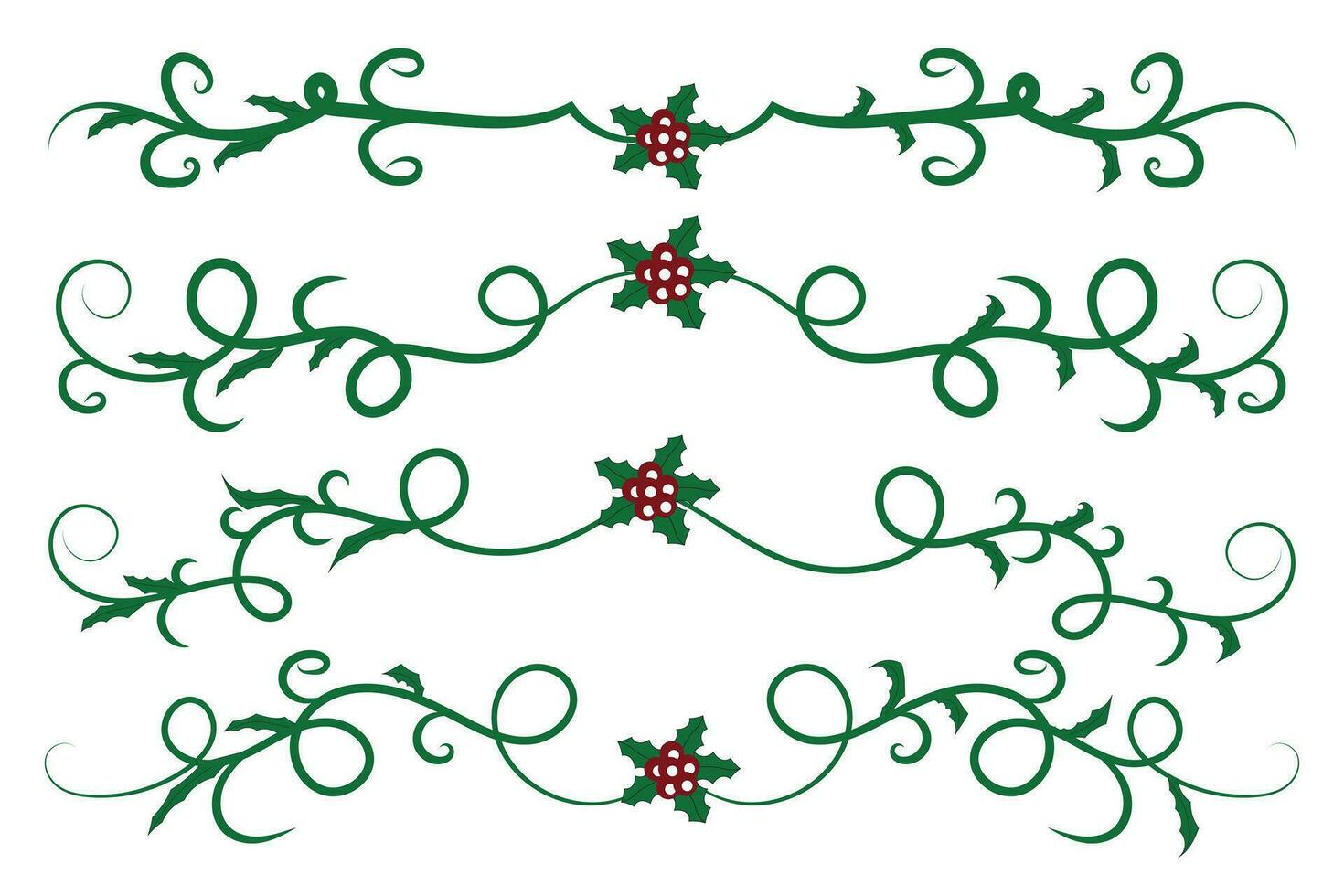 Christmas Flourishes Swirls dividers lines Decorative Elements, Vintage Calligraphy Scroll Merry Christmas text divider filigree elegant, Winter Holly headers fancy separator green page decor vector