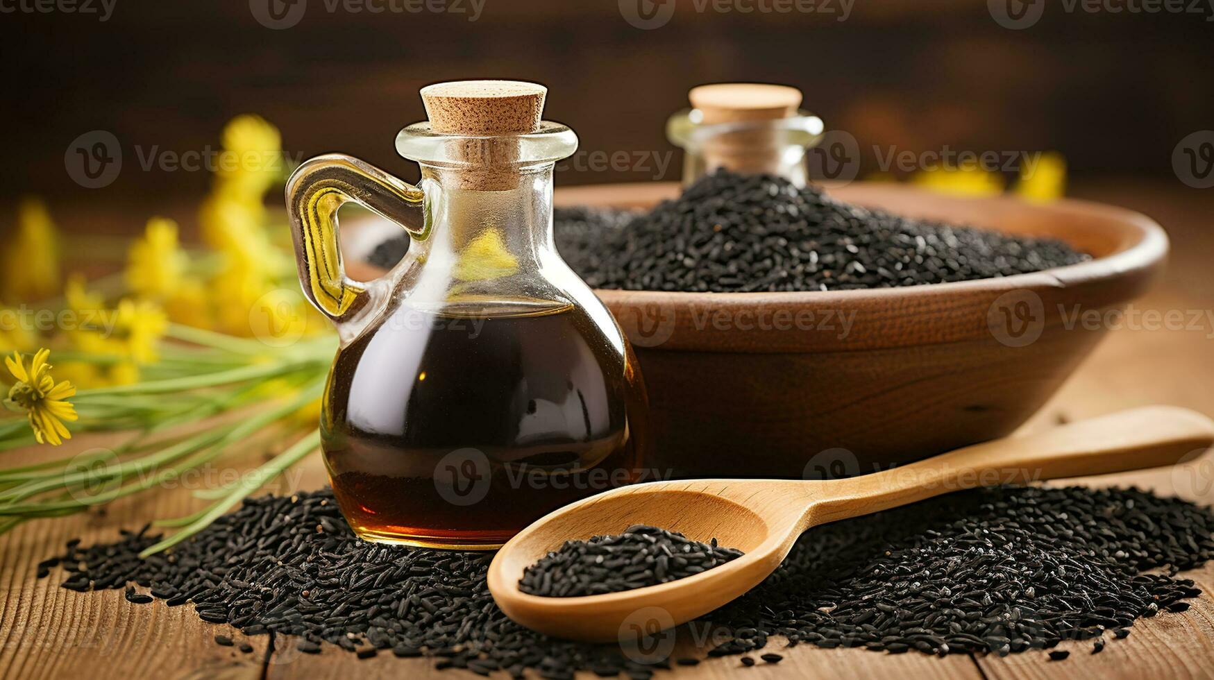 Black Cumin is Organic herbal medicine for many diseases, Nigella Sativa in spoon on wooden background. Generative AI photo