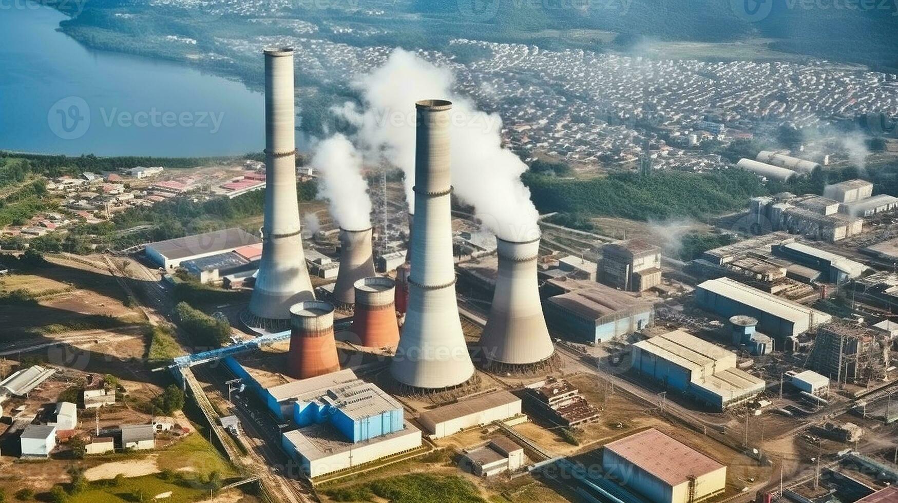 Bird's Eye View. Thermal Power Plants in a Megacity on a Clear Day. Generative AI photo
