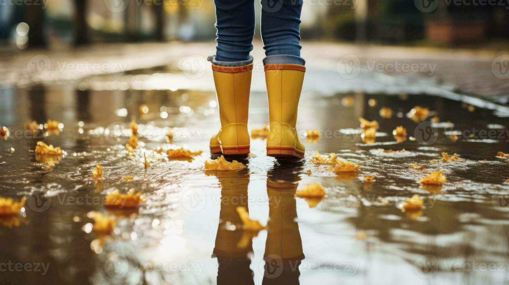 Puddle Play. Little Feet in Bright Yellow Boots. Generative AI photo