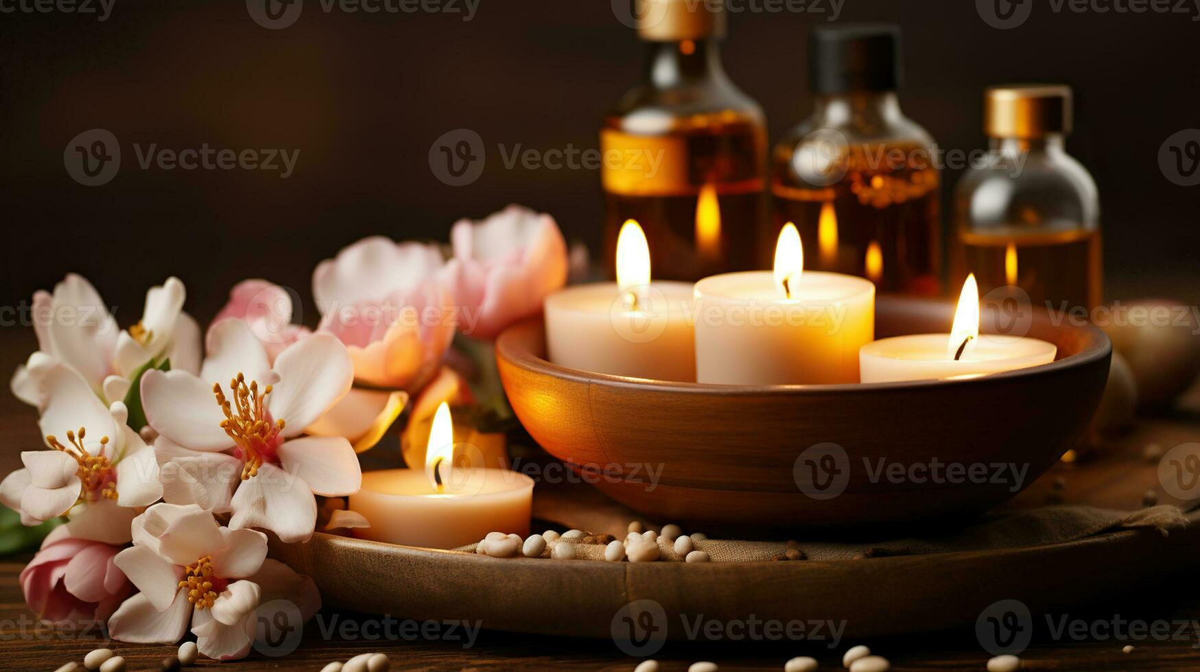 Massage Therapy Spa with Candlelight and Floral Harmony. Generative AI photo