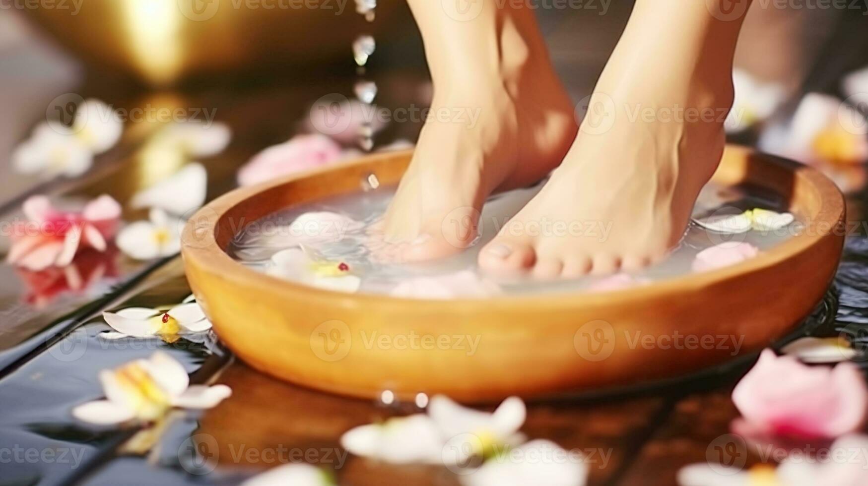 Female feet at spa salon on pedicure procedure. Generative AI photo