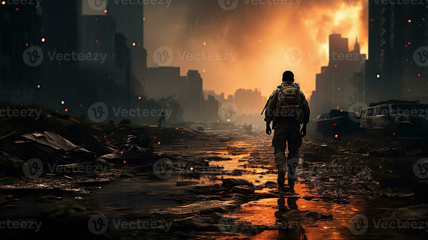 A Lone Soldier's Stride in the Destroyed City. Generative AI photo