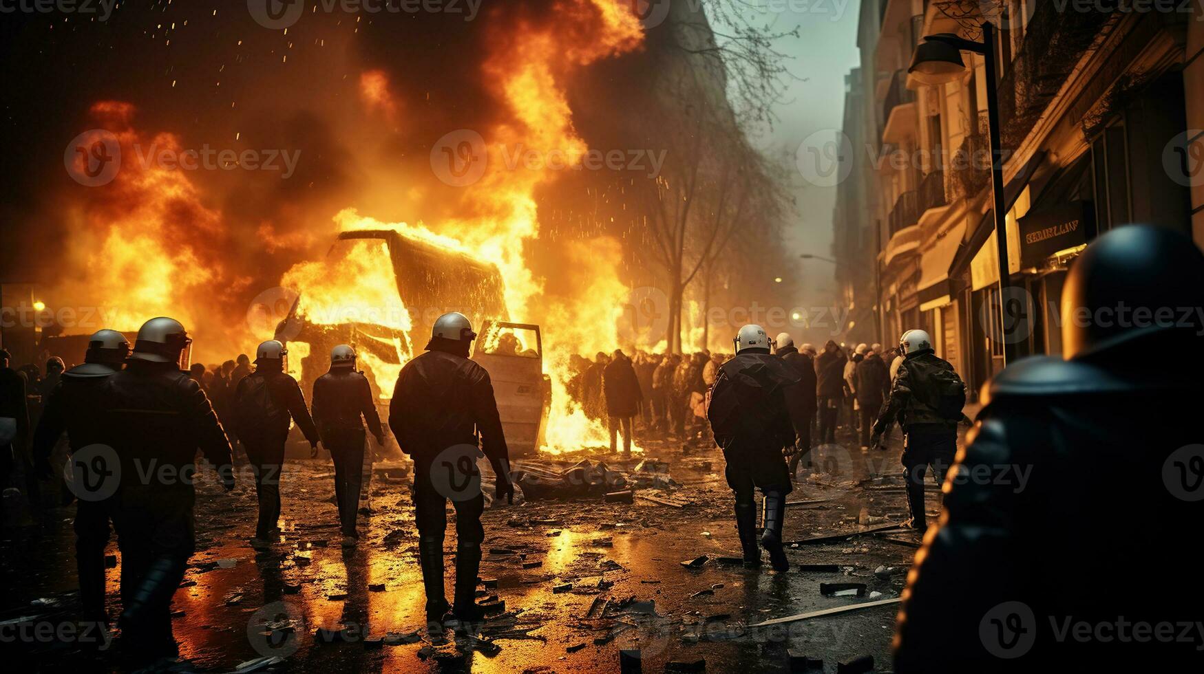 A photo of revolutionary riots and protests. burning building and cars in the city. special force police with equipment catching protesters. Generative AI