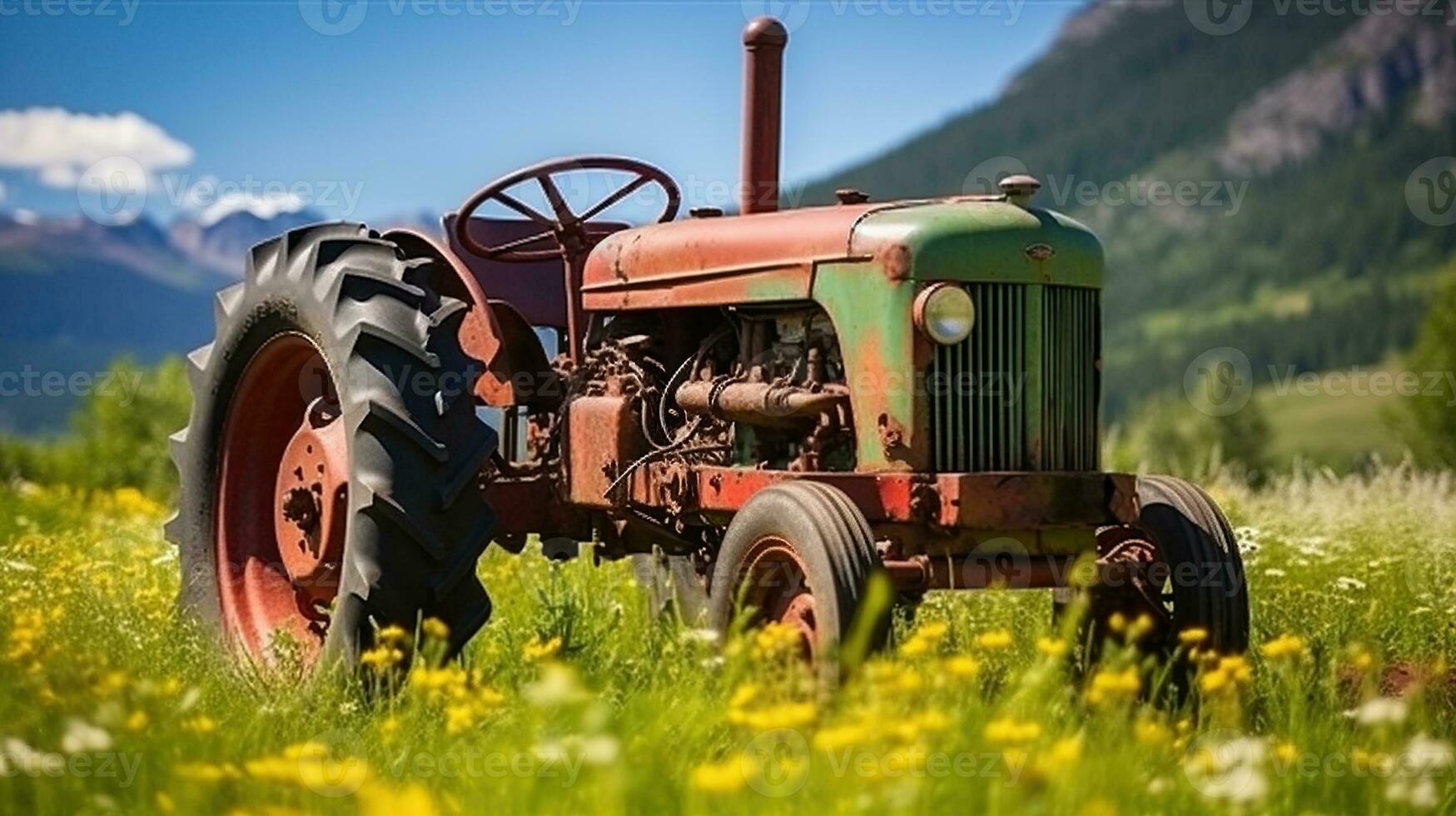 Clásico tractor en medio de el prados generativo ai foto