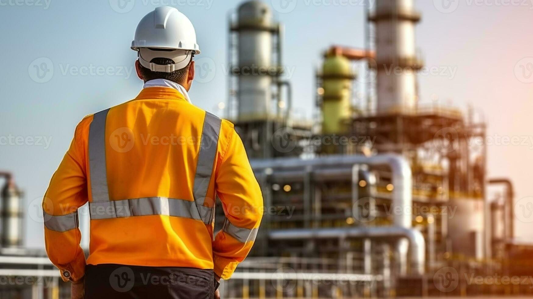 ingeniero en un blanco la seguridad casco en pie en frente de petróleo refinería. generativo ai foto