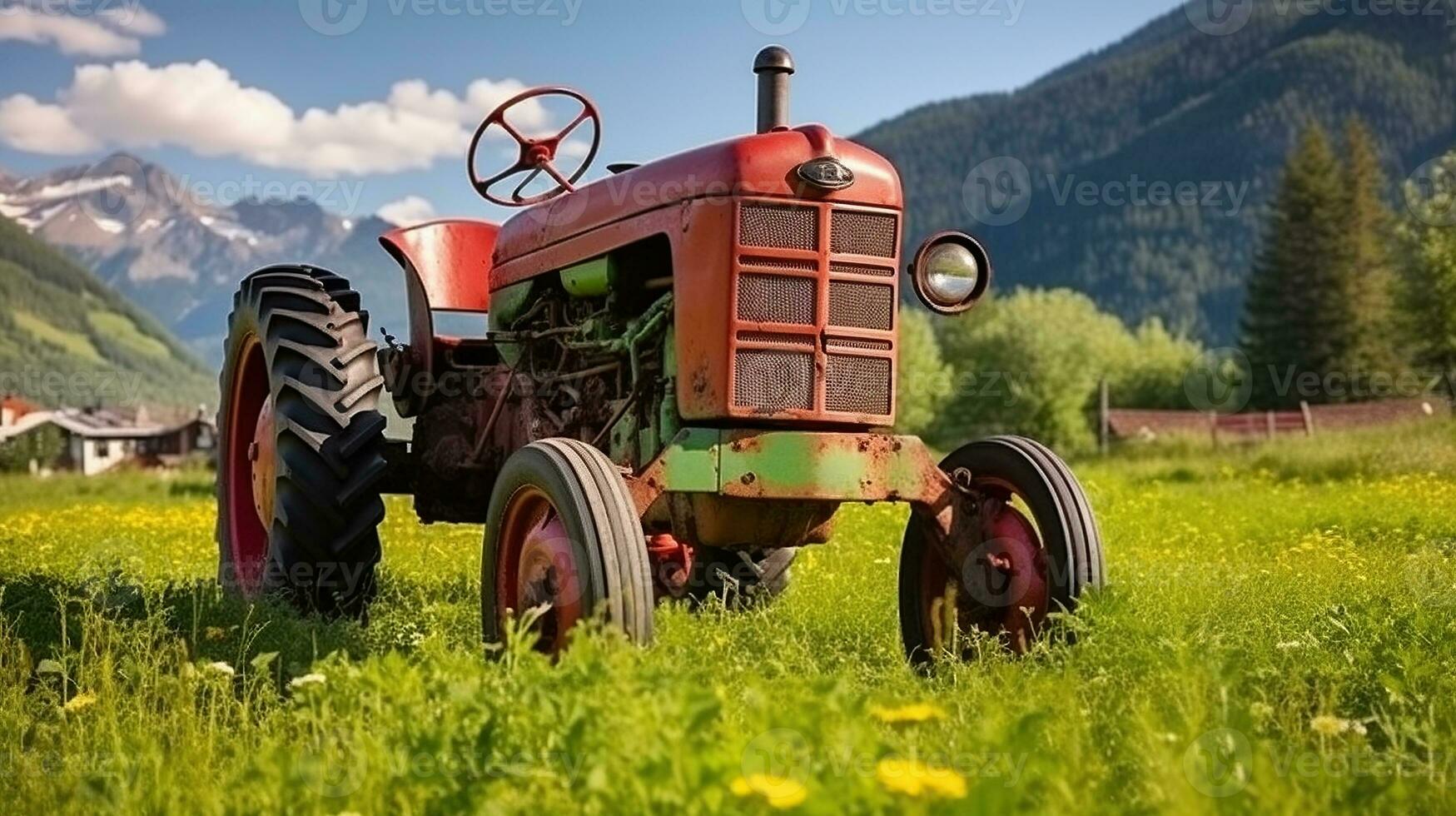 Old tractor in the Alpine meadows, A very popular object for tourists. Generative AI photo