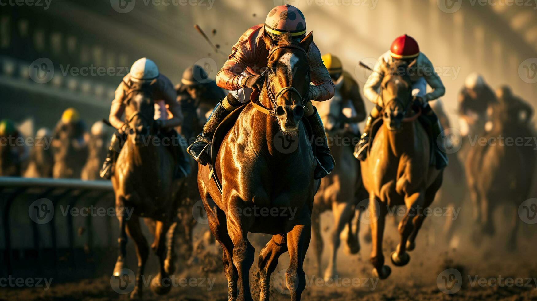 el emocionante mundo de caballo carreras. jinetes en el rápido pista de el hipódromo. generativo ai foto