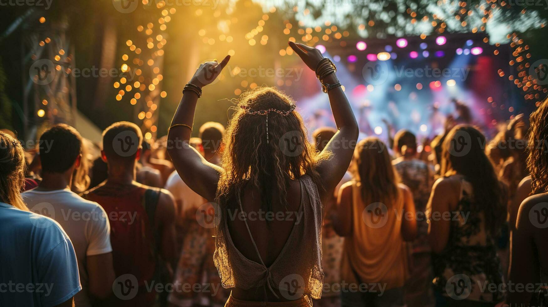 celebrando verano a el festival. joven amigos bailando en festival vibras. generativo ai foto