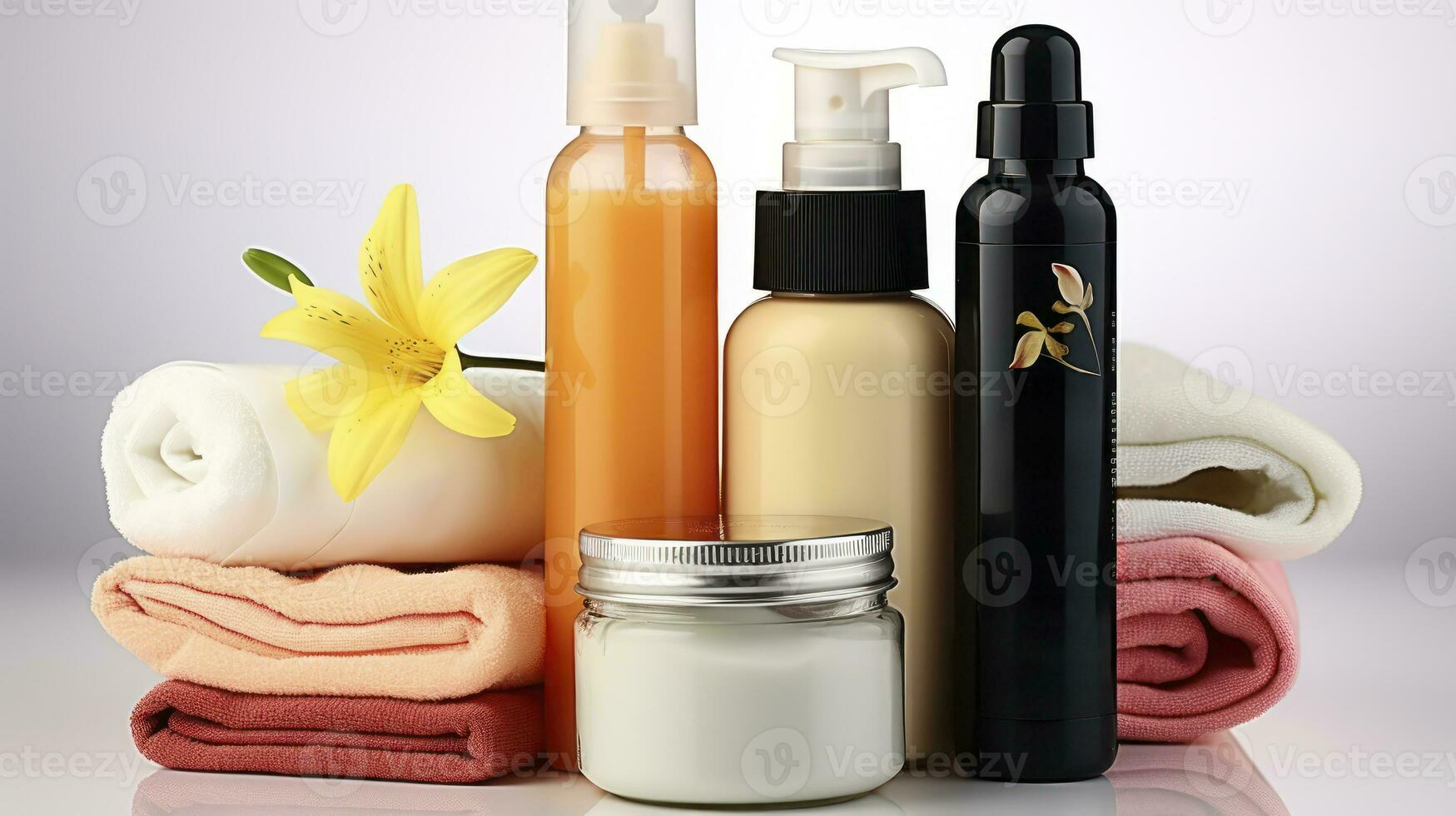 Tender Touch. Baby Care Products Presented on a White Canvas. Generative AI photo