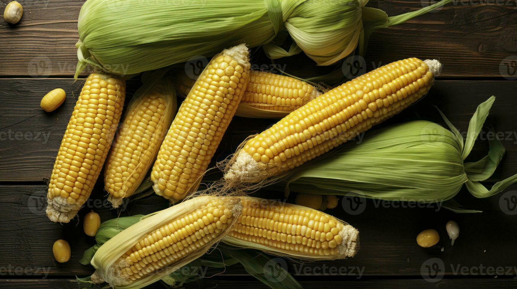 Cobs of ripe raw corn laid on dark wood textured table. Healthy summer food concept. Generative AI photo