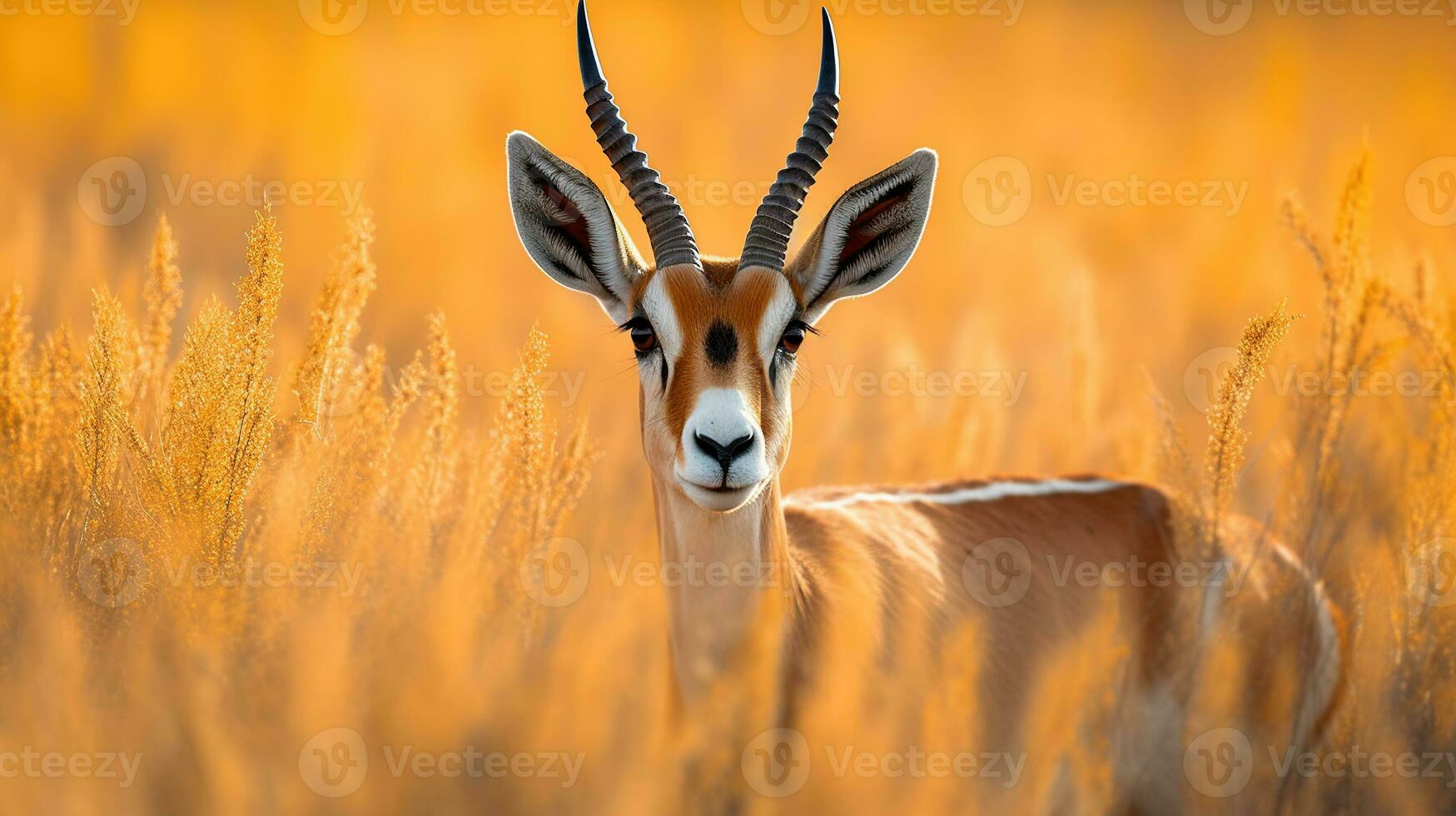 Wild african animals. The springbok in tall yellow grass. Generative AI photo