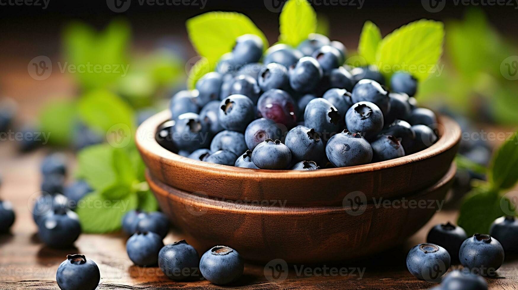 Juicy and fresh blueberries with green leaves on rustic table. Bilberry on wooden Background. Blueberry antioxidant. Generative AI photo
