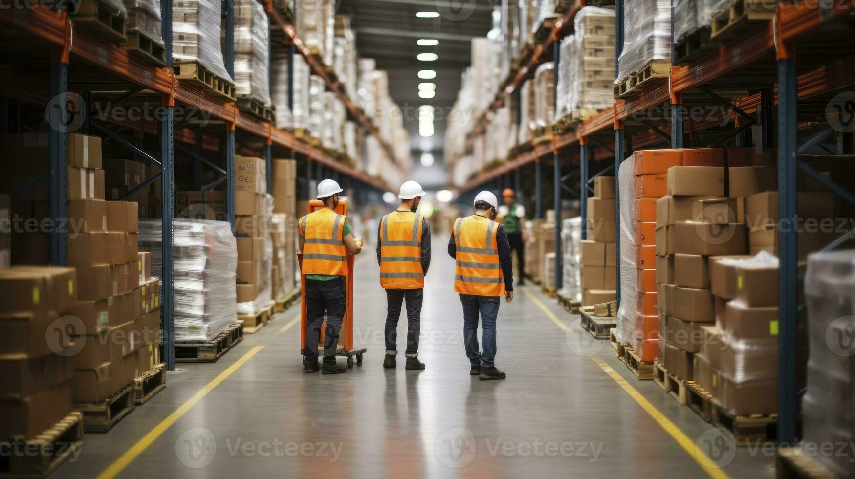 Warehouse Workers in Hardhats and Reflective Jackets Tread the Path Between Towering Racks. Generative AI photo