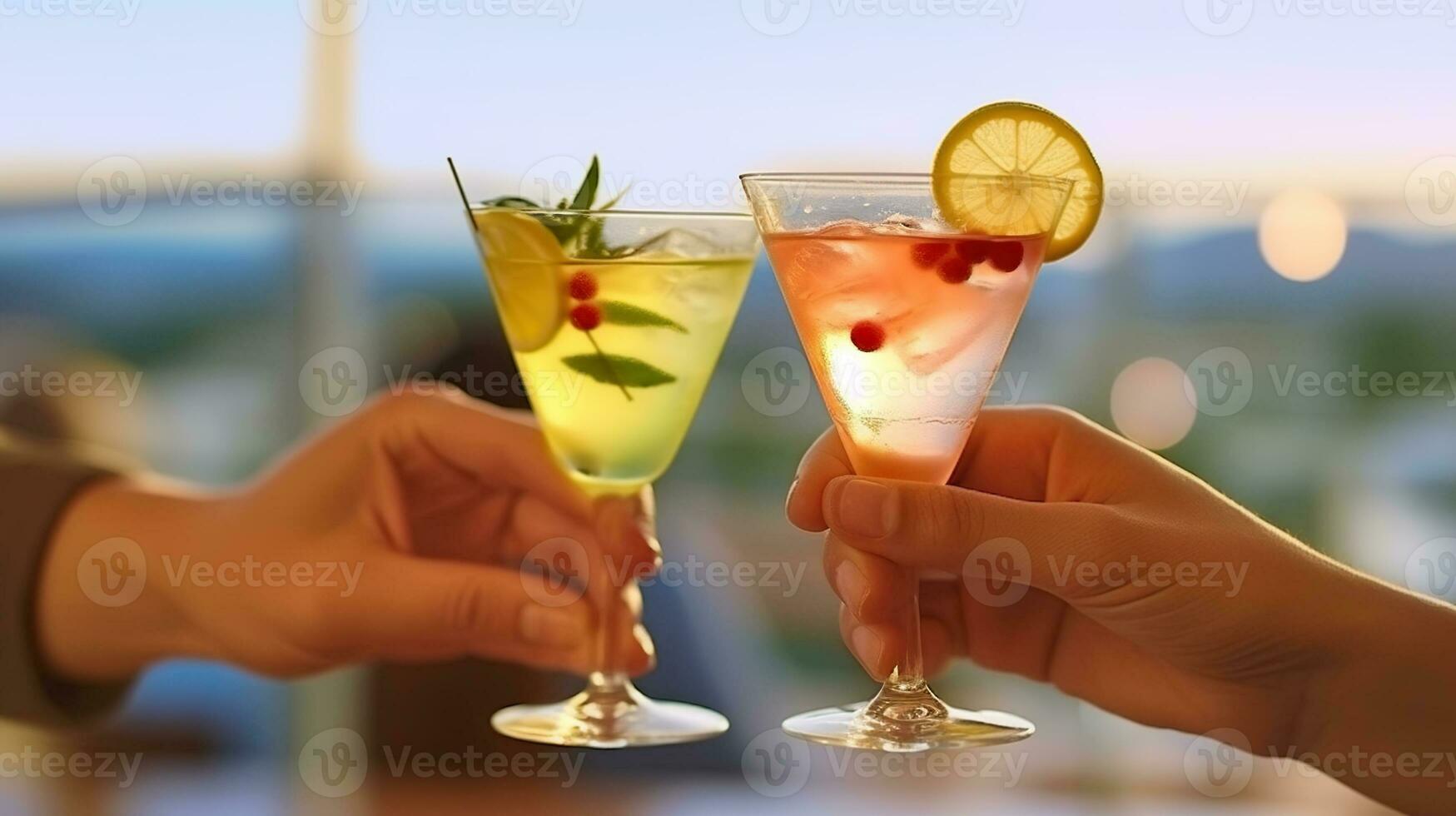 Man and Woman Toasting with Cocktail Glasses. enerative AI photo