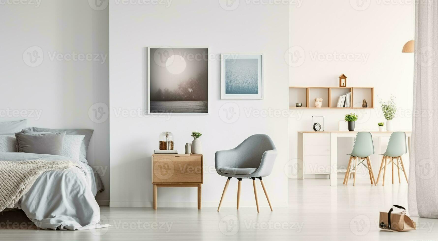 Contemporary Comfort - Chair and Table Set in a White Open Space Interior. Generative AI photo
