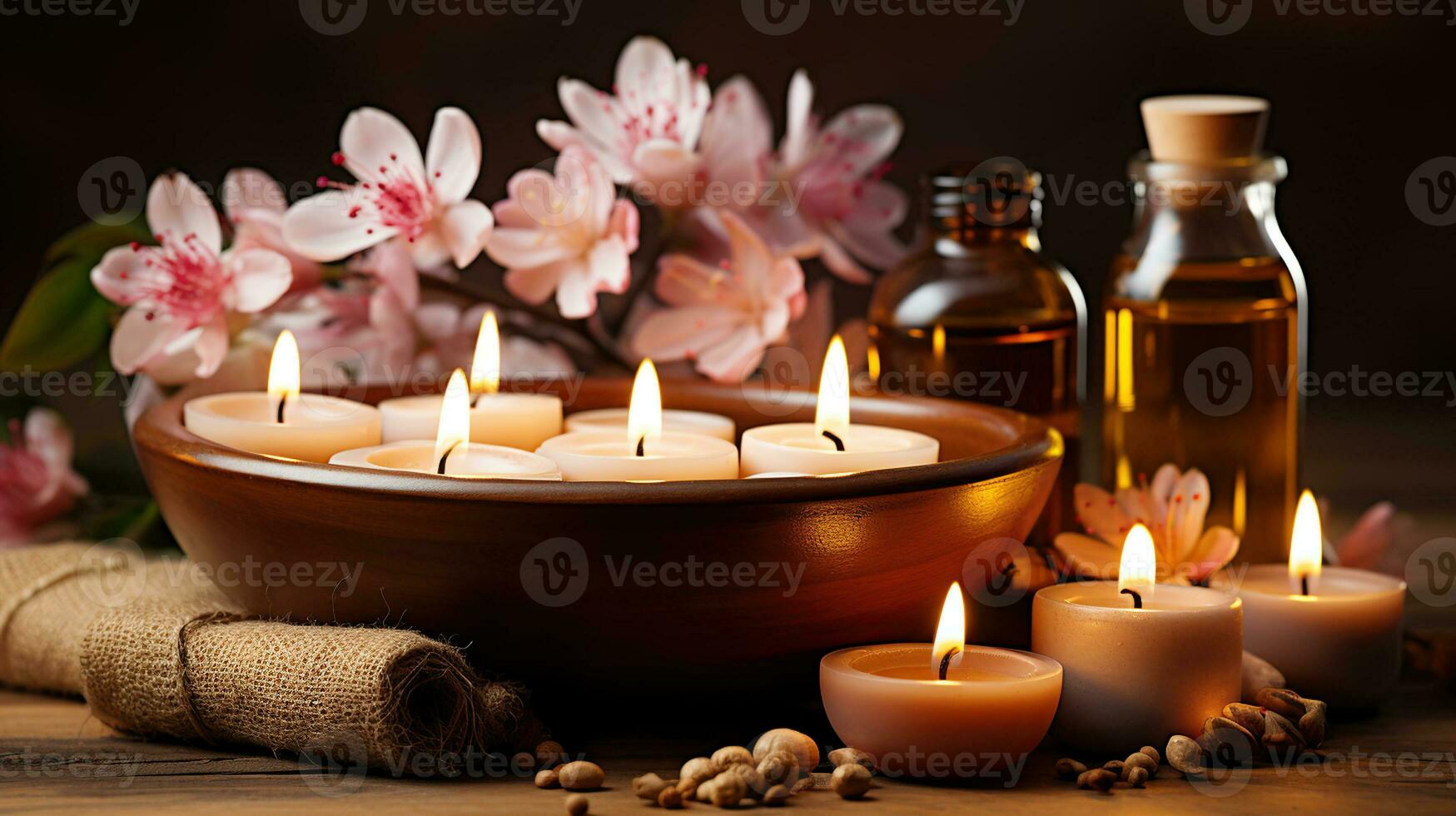 Massage Therapy Spa with Gentle Candlelight and Enchanting Floral Arrangements. Generative AI photo