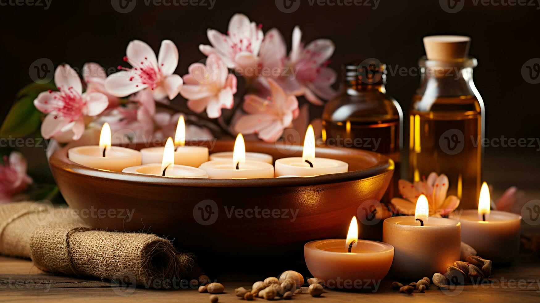 masaje terapia spa con amable luz de una vela y encantador floral preparativos. generativo ai foto