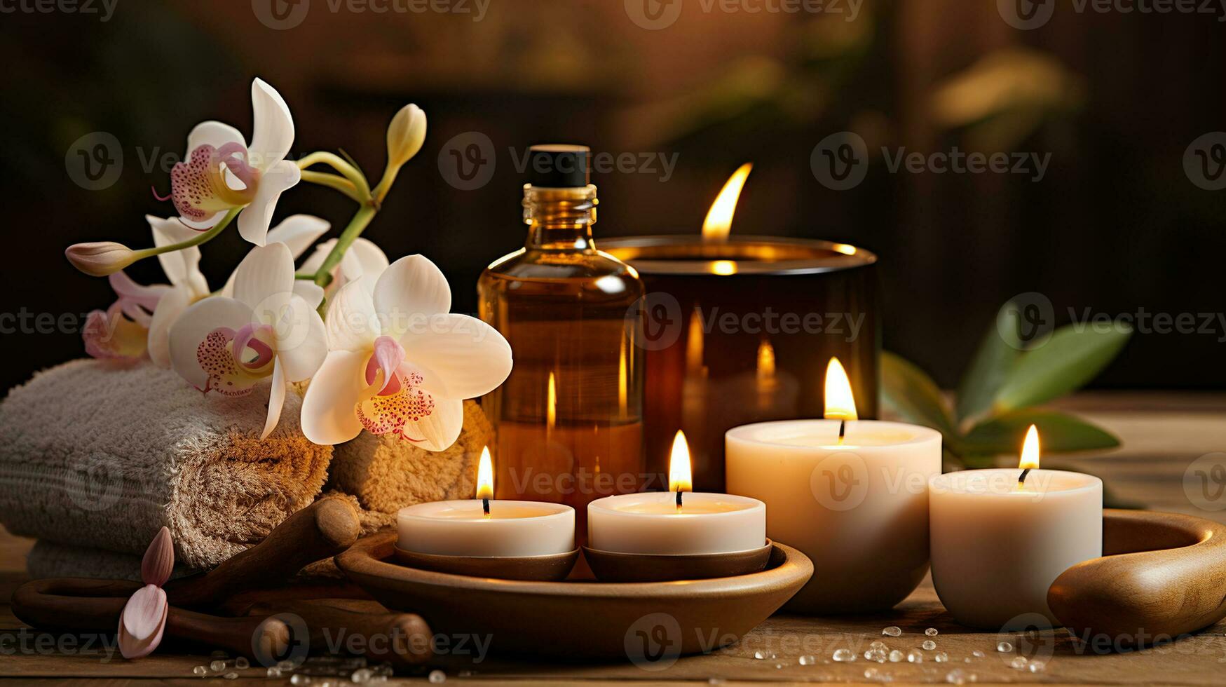 masaje terapia spa con amable luz de una vela y encantador floral preparativos. generativo ai foto
