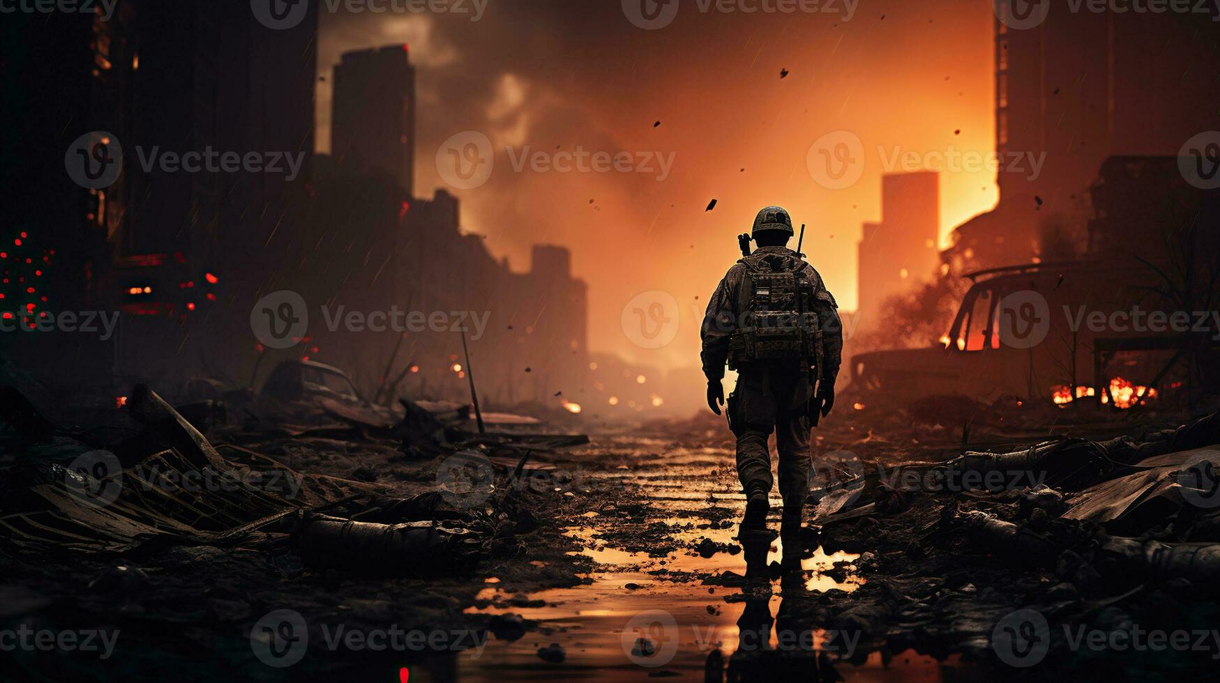 A Lone Soldier's Walk Through a Ravaged City. Generative AI photo