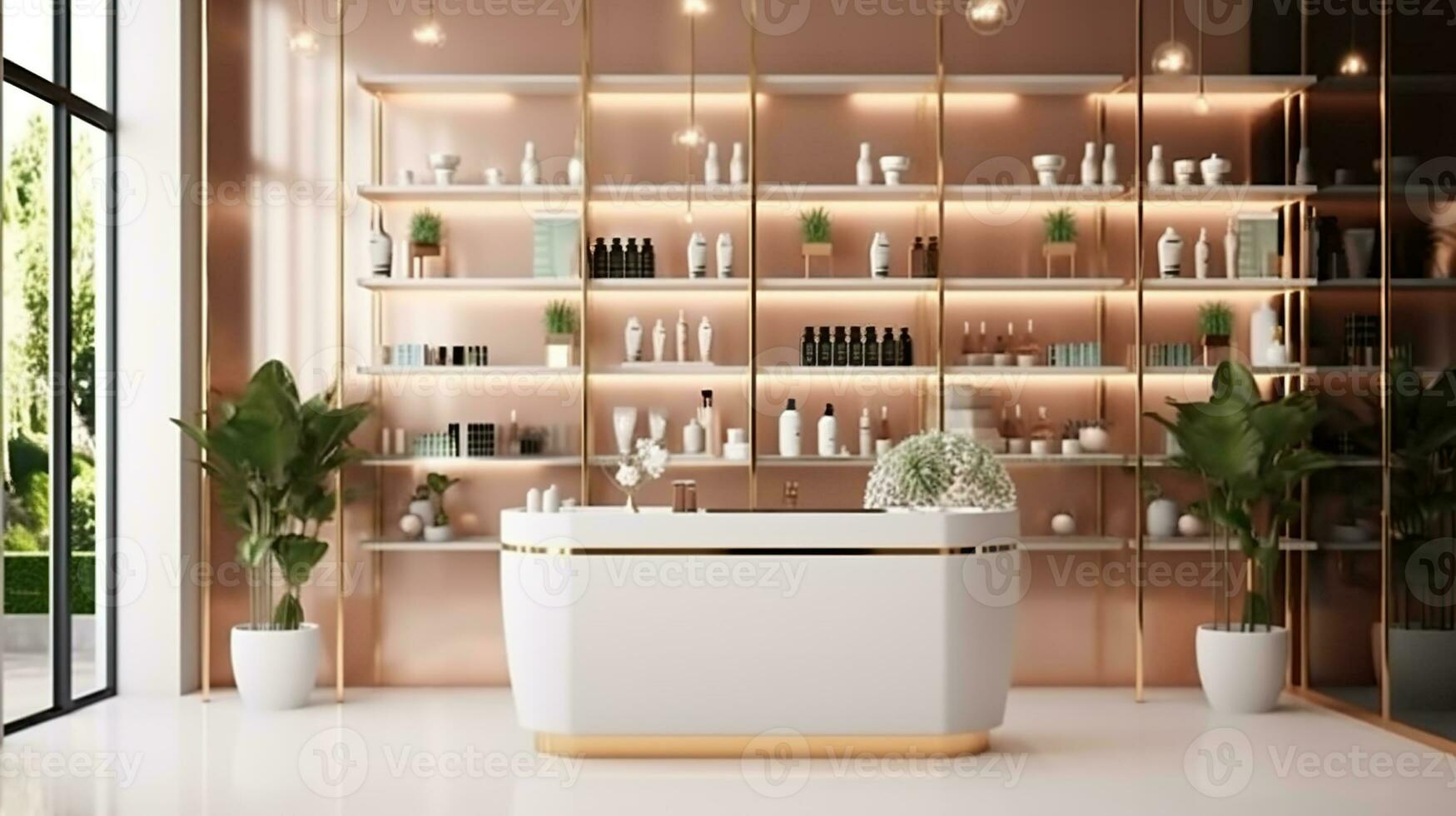 Opulence in Beauty. A Chic Salon Oasis with Rose Gold Elegance. Generative AI photo
