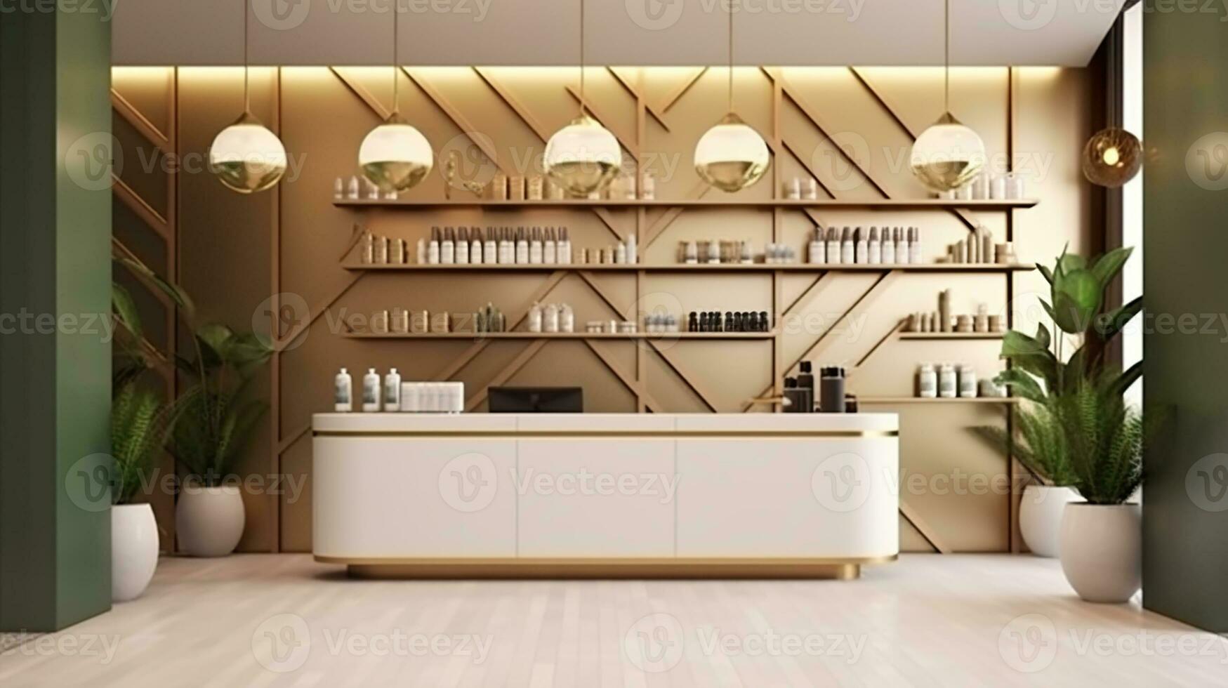 Glamour and Greenery. Stylish Salon Design with a Touch of Luxury With display shelves and counter. Generative AI photo