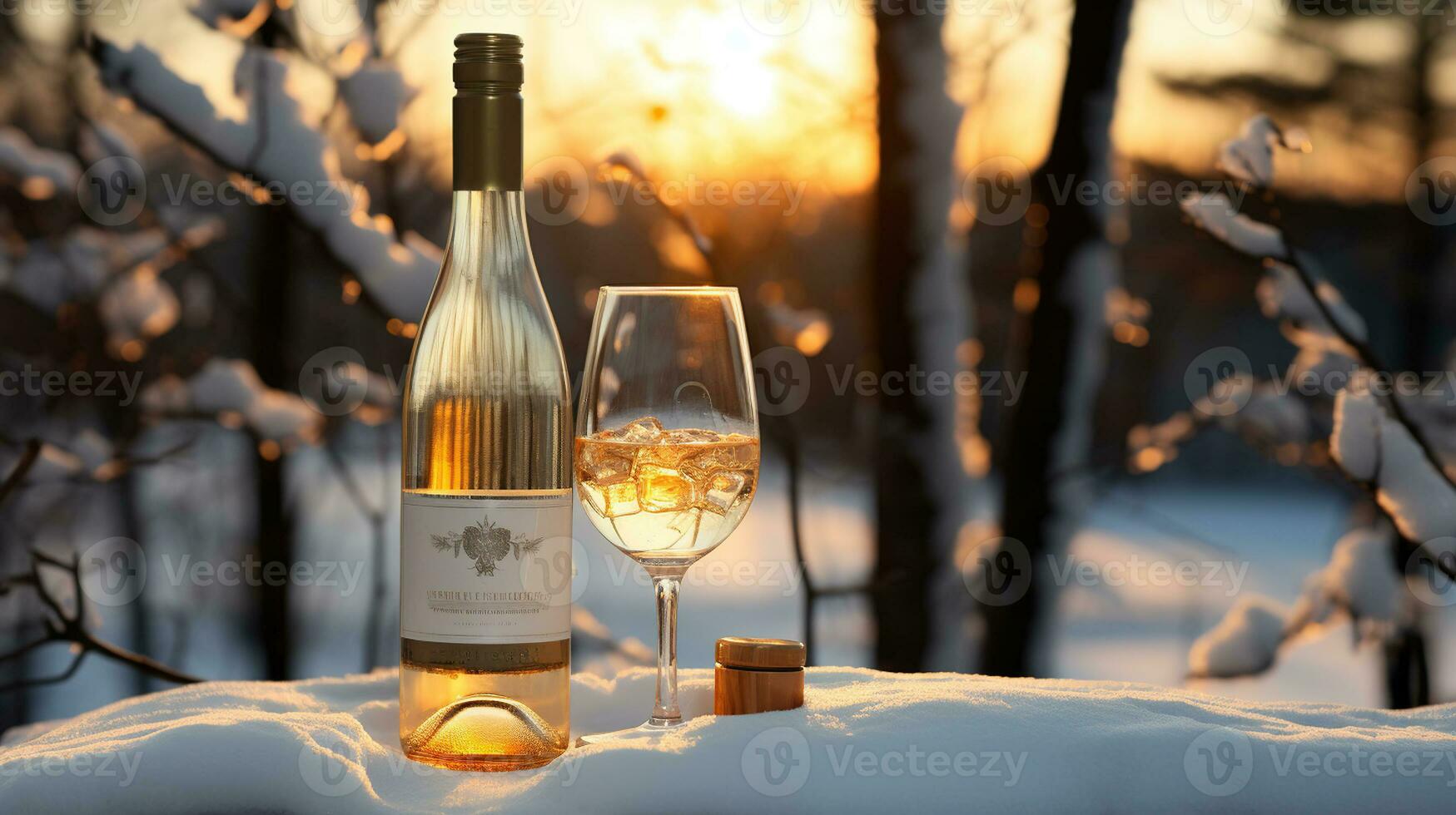 Bottle and glass of white wine chilled by snow in winter forest on sunset, holiday, New Year celebration concept. Generative AI photo