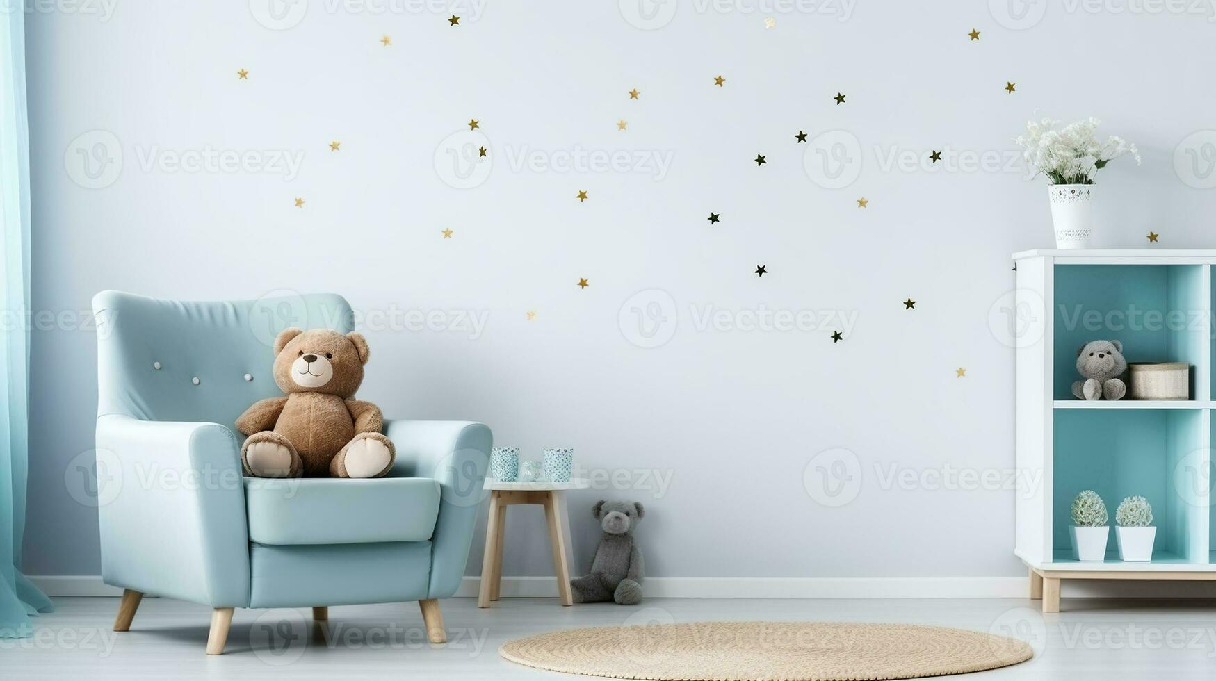 Small light blue armchair for kid standing in white room interior with stars on the wall, teddy bear and fresh plant. Generative AI photo