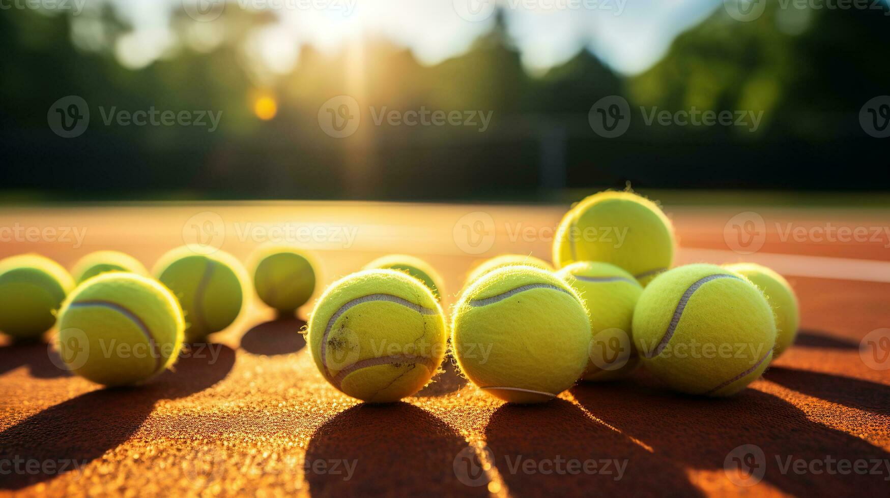 Some of Tennis balls on the court at sunny day. Generative AI photo