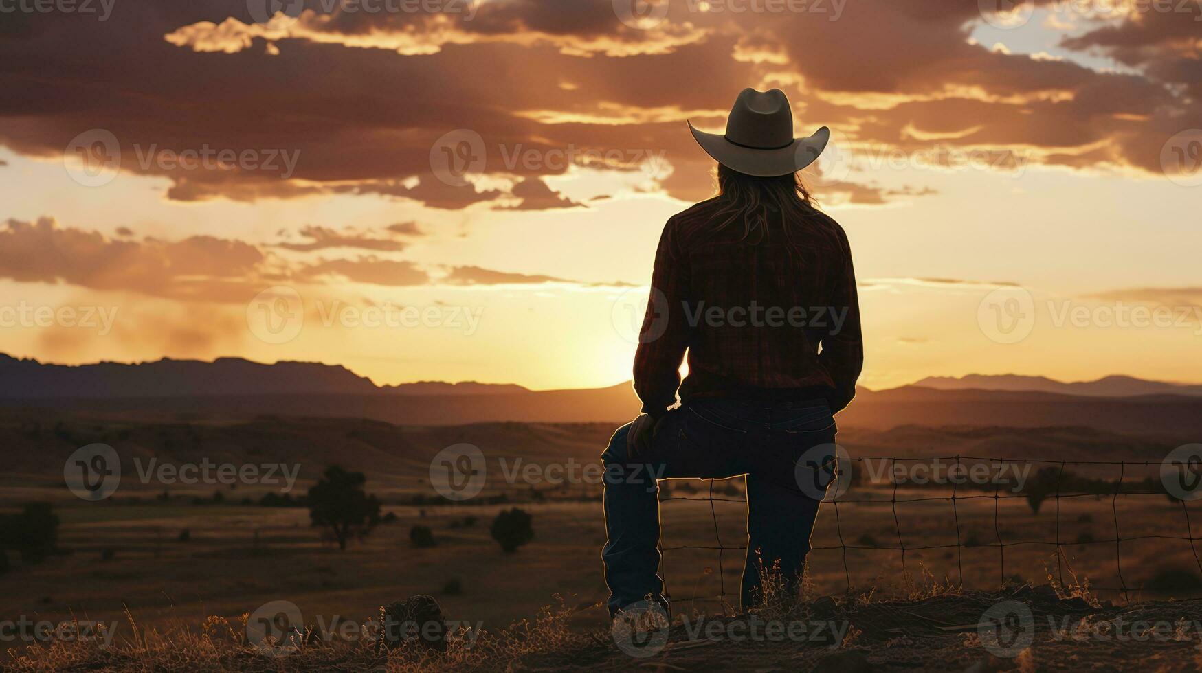 Silhouetted Serenity. A Cowboy and the Fading Sun. Generative AI photo